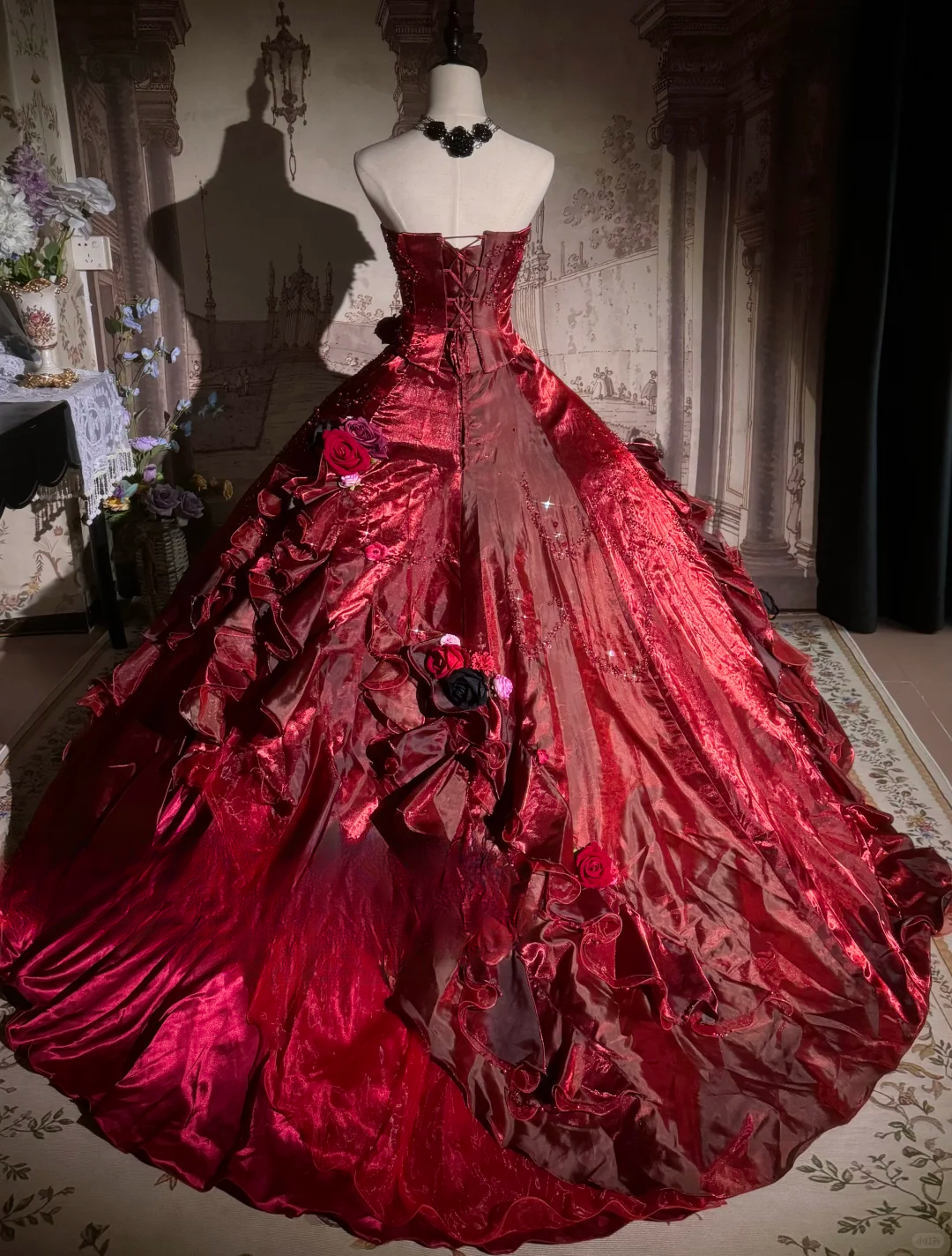Elegant Burgundy Strapless 3D Floral & Ruffled Satin Layers Ball Gown TP5132