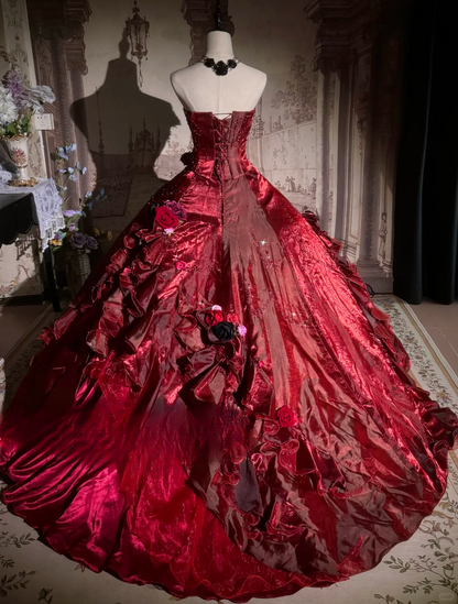 Elegant Burgundy Strapless 3D Floral & Ruffled Satin Layers Ball Gown TP5132