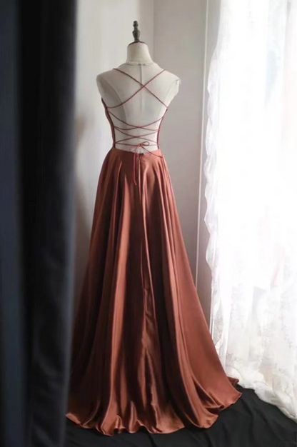 Brownish-red spaghetti-strap waist-cinching backless sexy long elegant prom dress R7948