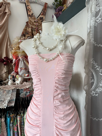 Pink strapless, fitted, pleated, bodycon fishtail gown, ball gown R6322