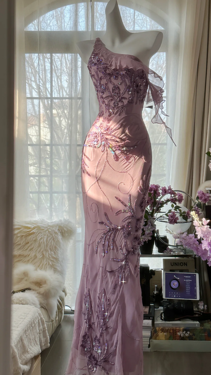 Light purple one-shoulder fitted waist elegant long ball gown R7676