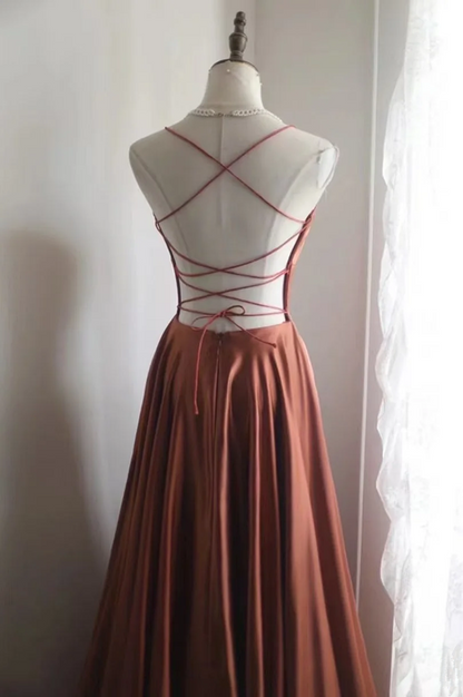 Brownish-red spaghetti-strap waist-cinching backless sexy long elegant prom dress R7948
