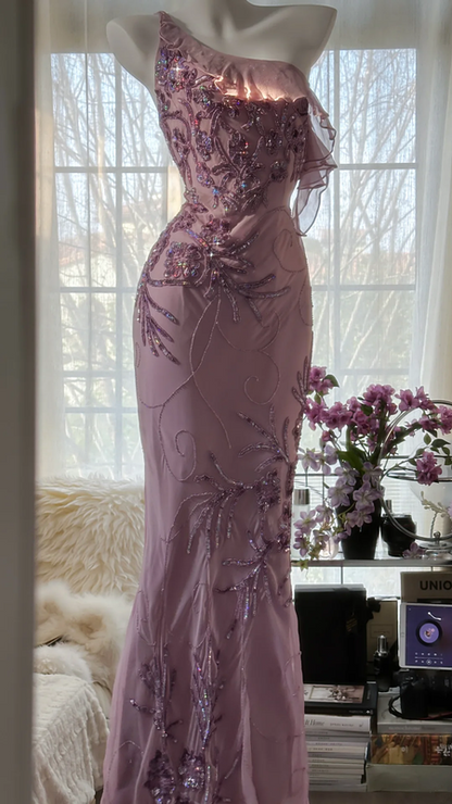 Light purple one-shoulder fitted waist elegant long ball gown R7676