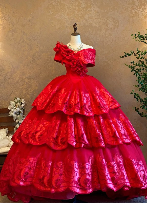 Red Off-the-shoulder Waist-Cinched Puff Tiered Skirt Ball Gown & Bridal Gown R7395