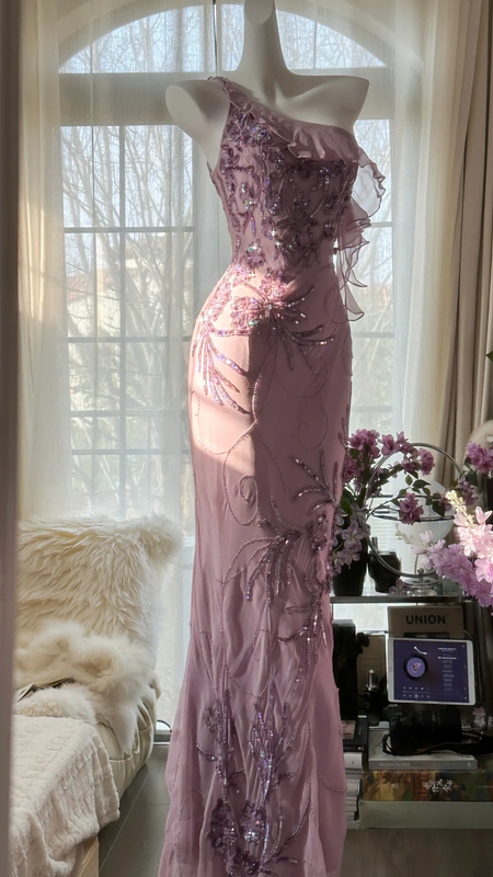 Light purple one-shoulder fitted waist elegant long ball gown R7676