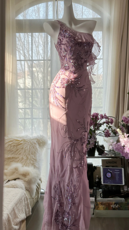 Light purple one-shoulder fitted waist elegant long ball gown R7676