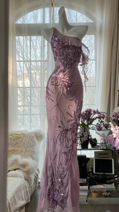 Light purple one-shoulder fitted waist elegant long ball gown R7676