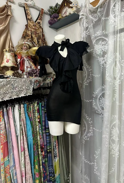 Black sleeveless fitted waist slim hip-hugging sexy short ball gown R7868