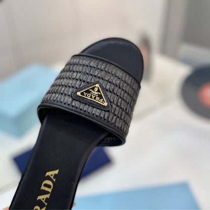 Prada Leather Slides With Crochet Details Black