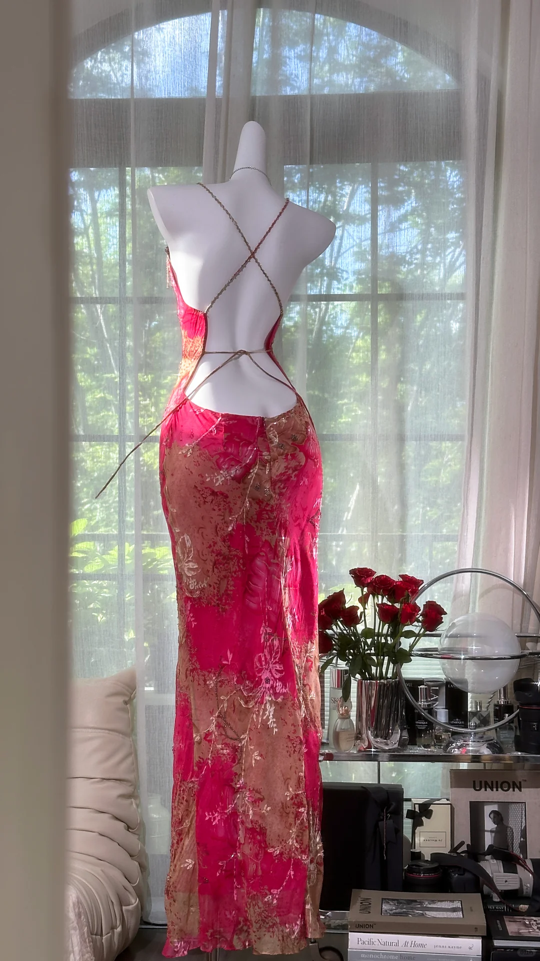 Vintage Red Floral Long Prom Dress Sheath Chiffon Spaghetti Strap Backless Formal Dress TP4552
