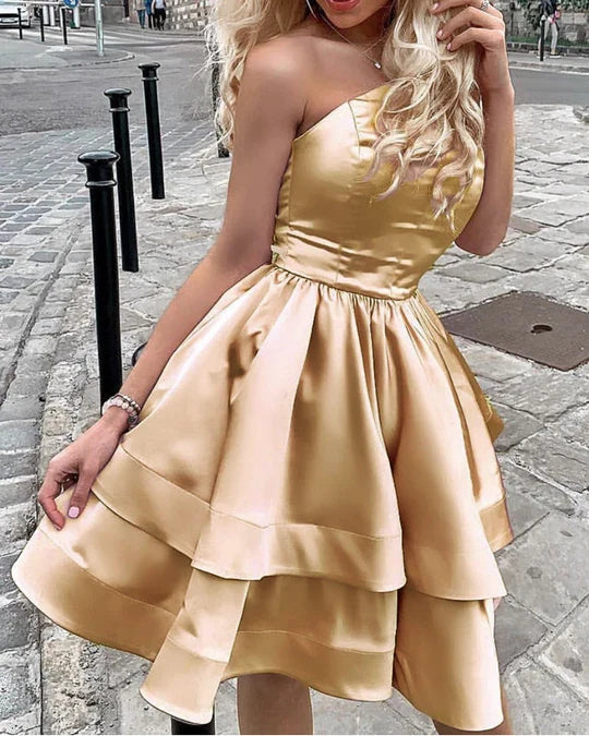One shoulder satin ruffled hem short Homecoming dress