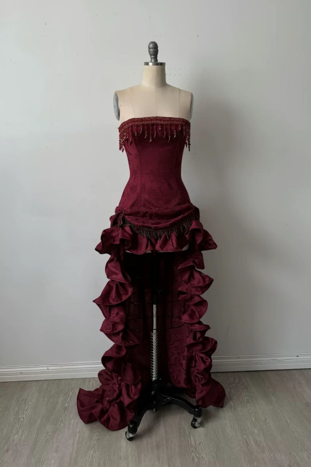 Burgundy Beaded Long Satin Evening Gown, Birthday Dress, Party Dress gh6876