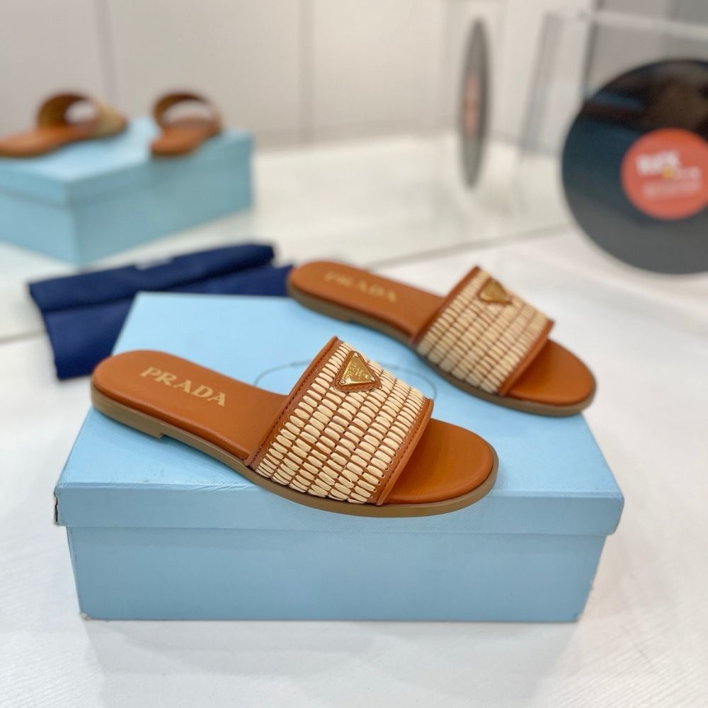 Prada Leather Slides With Crochet Details Cognac Brown