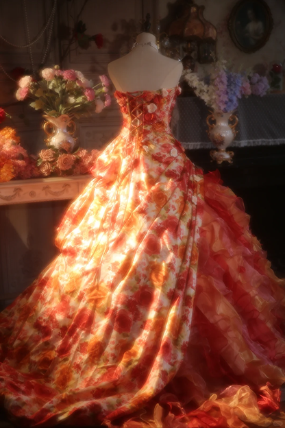 Vintage Floral Strapless Ruffled Formal Sweet 15 Quinceanera Ball Gown TP5528