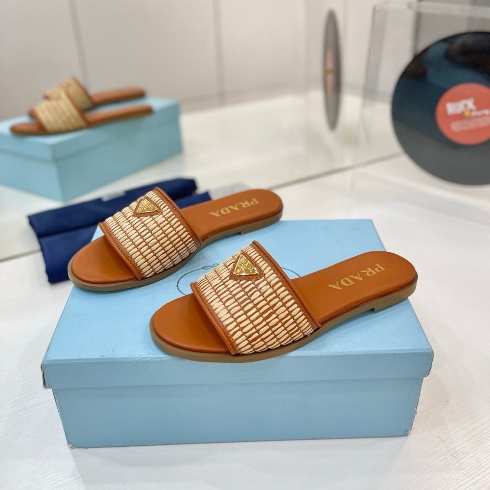 Prada Leather Slides With Crochet Details Cognac Brown