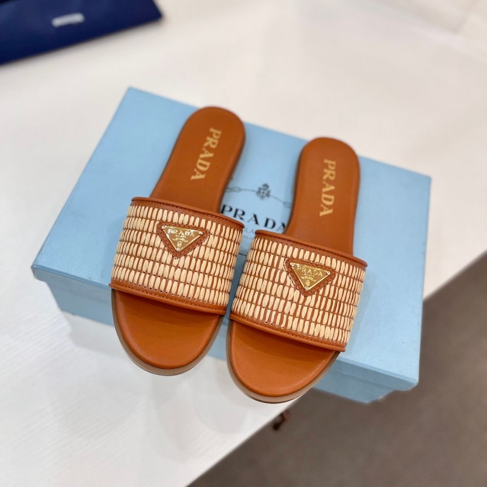 Prada Leather Slides With Crochet Details Cognac Brown