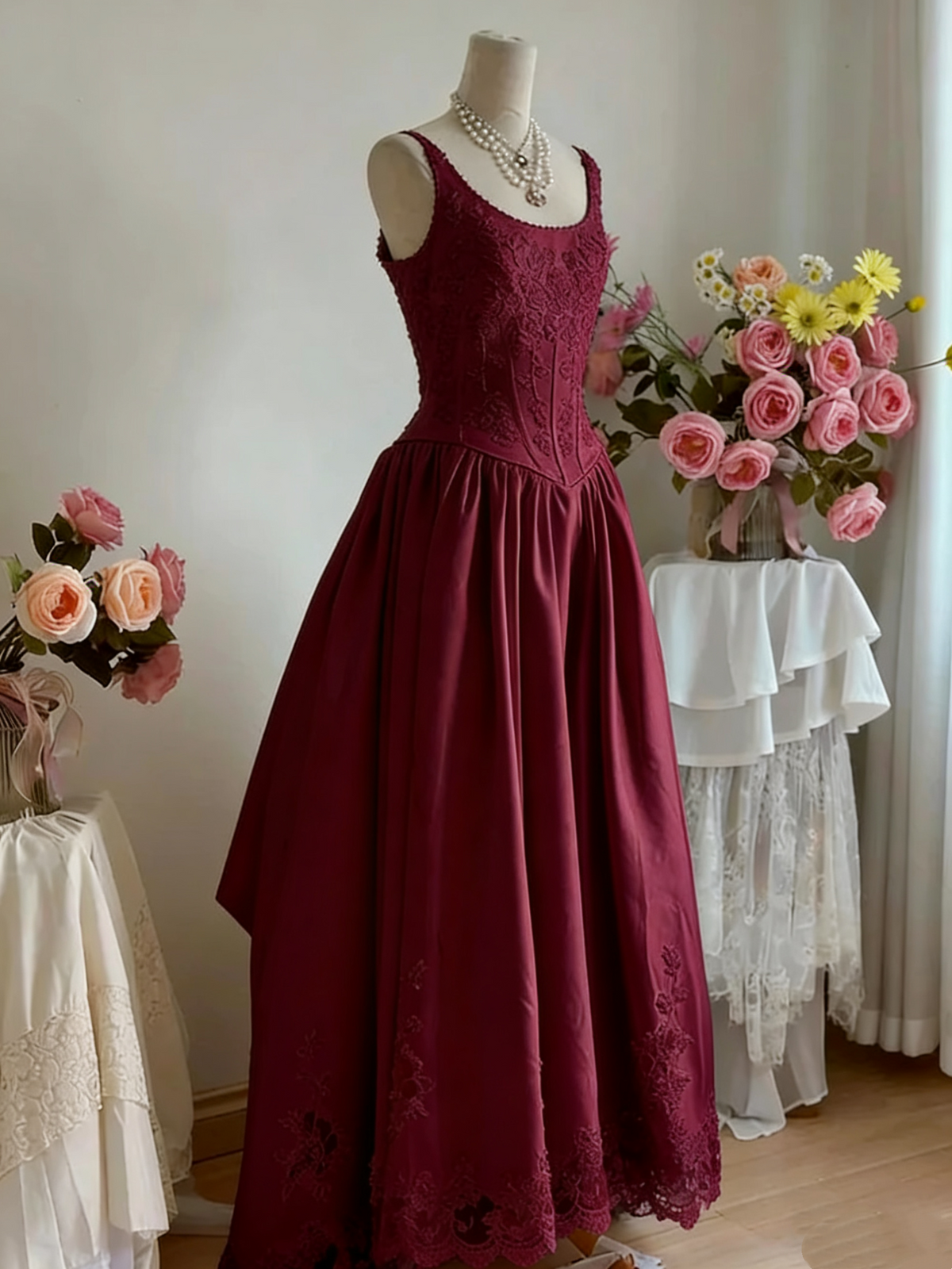girlhomeshops--White lace retro elegant long satin dress gh5704