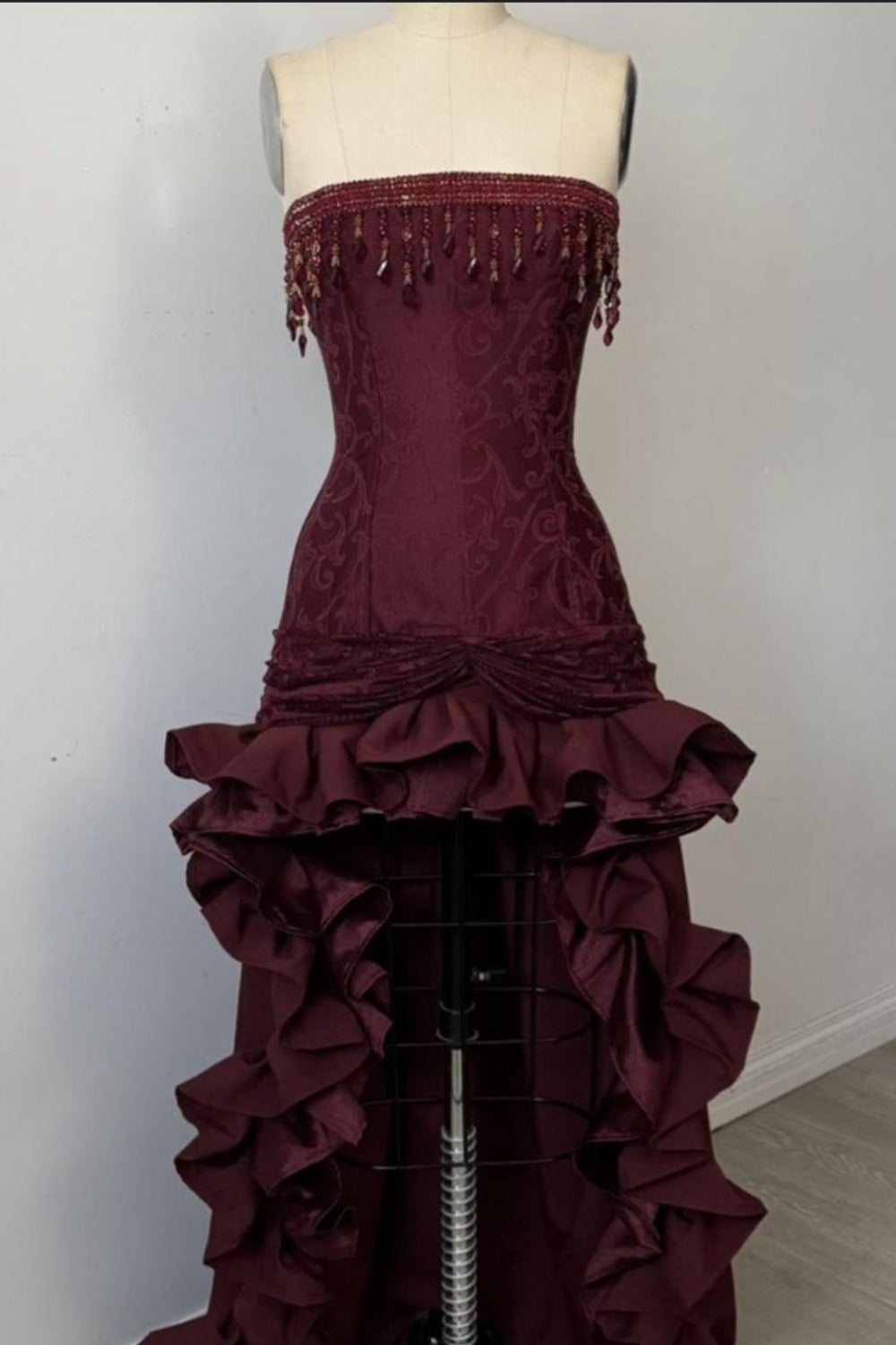 Burgundy Beaded Long Satin Evening Gown, Birthday Dress, Party Dress gh6876