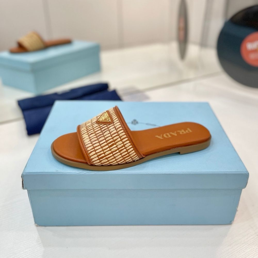 Prada Leather Slides With Crochet Details Cognac Brown