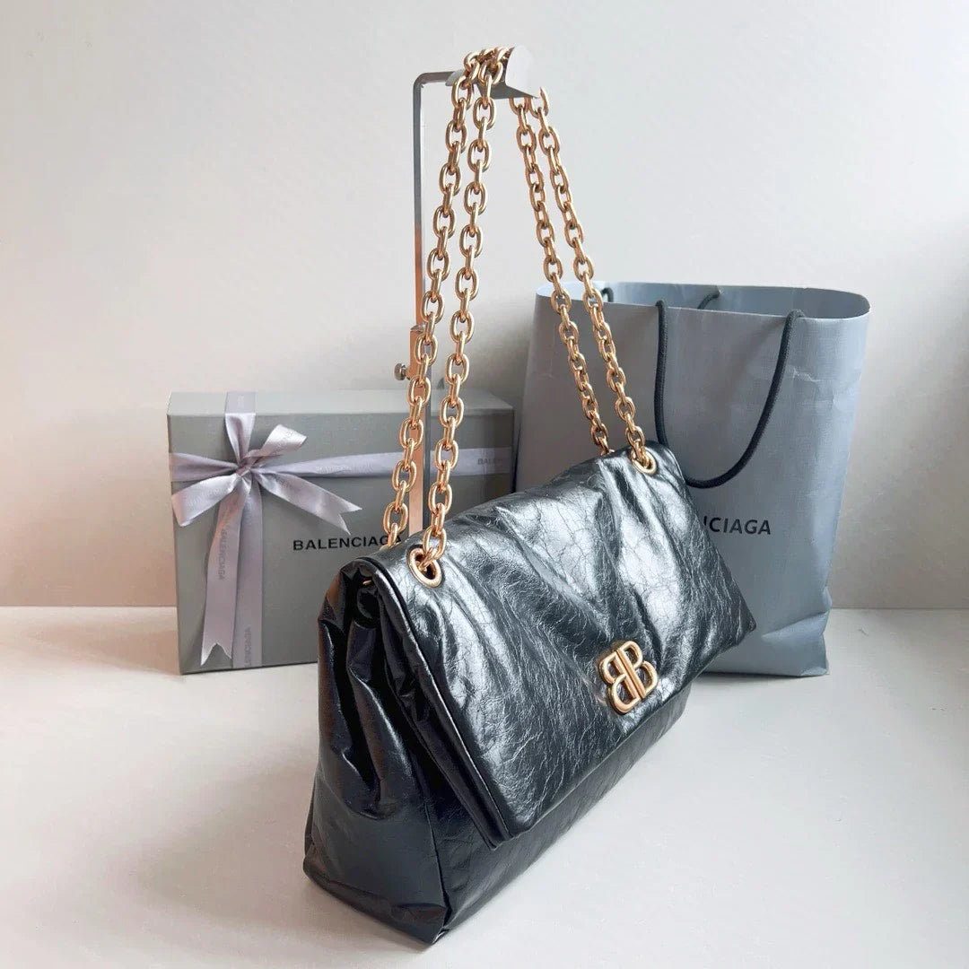 Balenciaga Monaco Medium Chain Bag in Black Gold Hardware 32.5 x 22 x 9.9cm