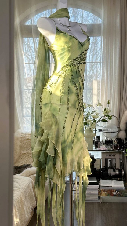 Light green floral print halter-neck fitted bodycon ball gown R6562