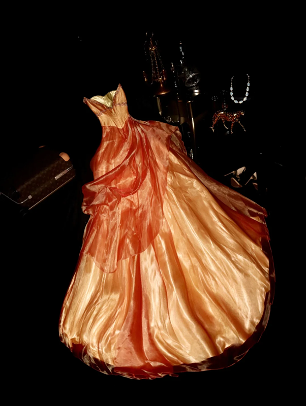 Orange strapless fitted long ball gown R6922