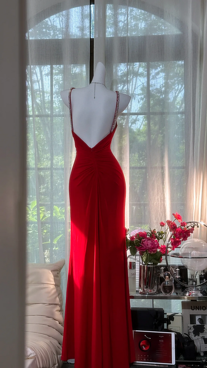 Red halter-neck fitted long ball gown, elegant and sexy R7638