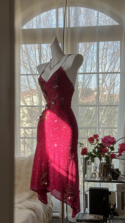 Rose pink halter-neck rhinestone fitted waist slim back mid-length ball gown R7677