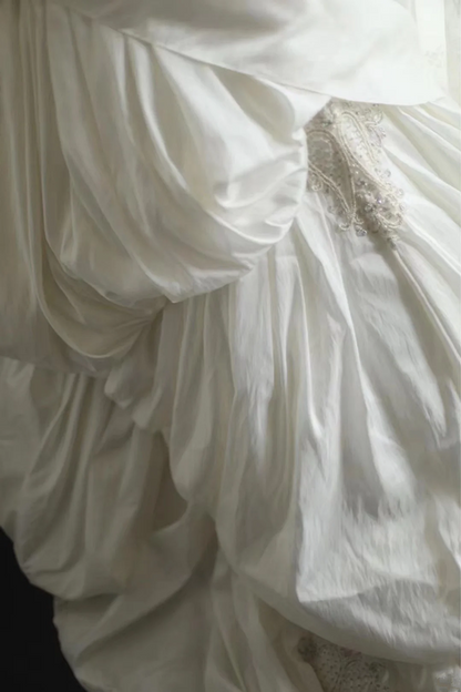 White strapless waist-cinching slim-fit ruched ballgown long prom dress R7949