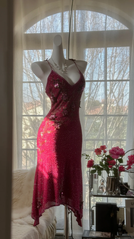 Rose pink halter-neck rhinestone fitted waist slim back mid-length ball gown R7677