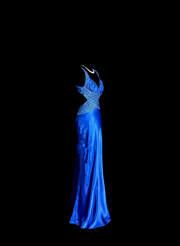 Blue halter-neck, fitted waist, backless, sexy long ball gown R6683