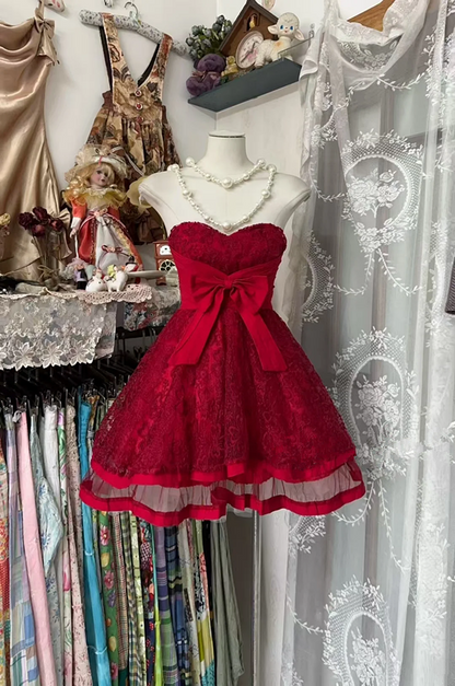 Red strapless, fitted A-line short ball gown R7481
