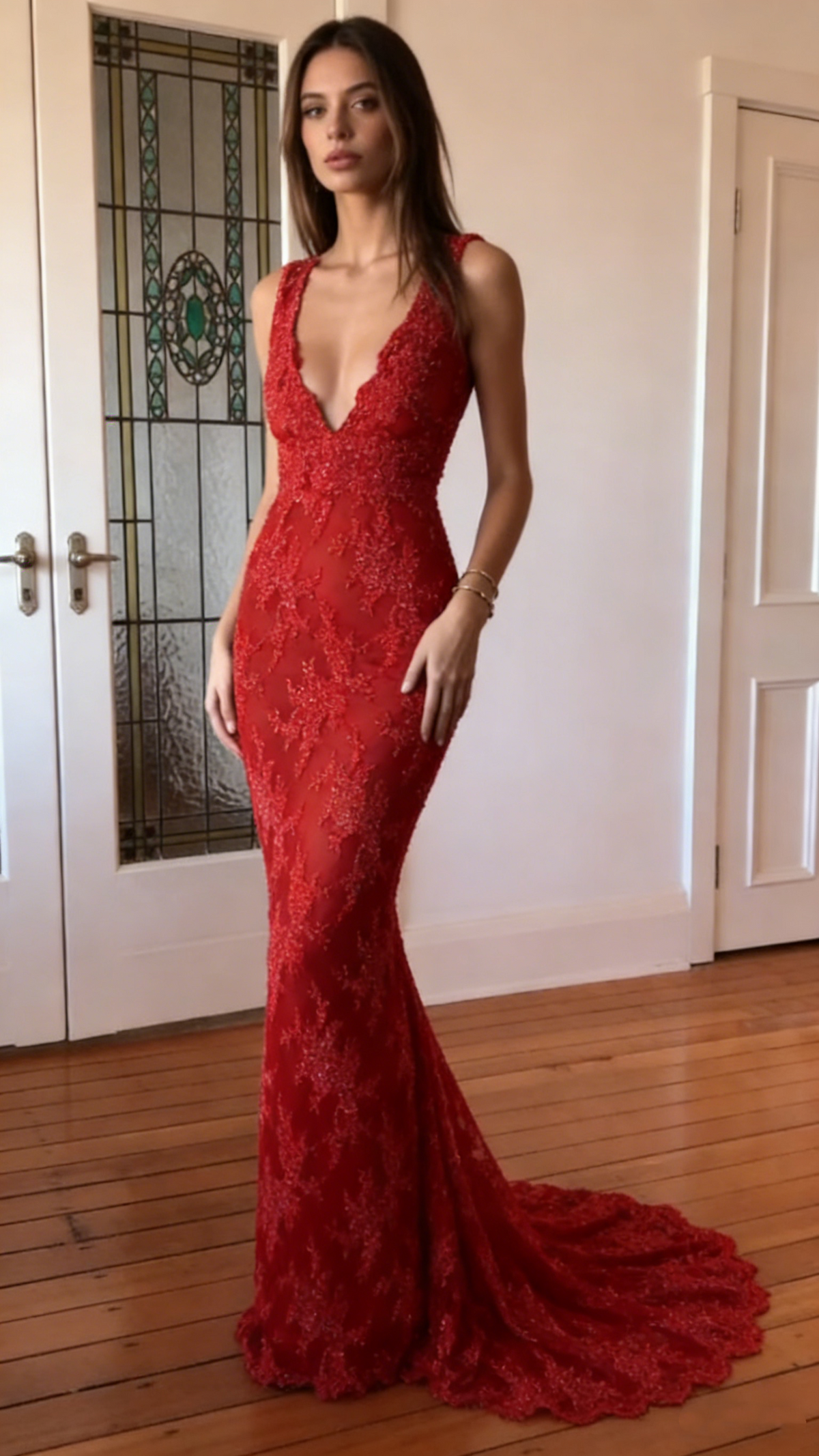 Charming Red V Neck Lace Mermaid Long Party Dress Formal Wedding Guest Dress SP1399
