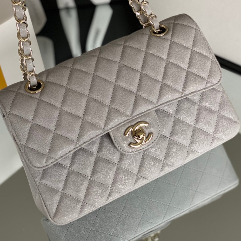 Chanel Classic Handbag Grey With Gold Hardware 26cm  A01112