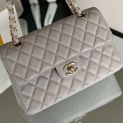 Chanel Classic Handbag Grey With Gold Hardware 26cm  A01112