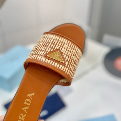 Prada Leather Slides With Crochet Details Cognac Brown