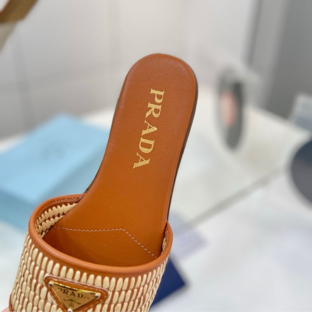 Prada Leather Slides With Crochet Details Cognac Brown