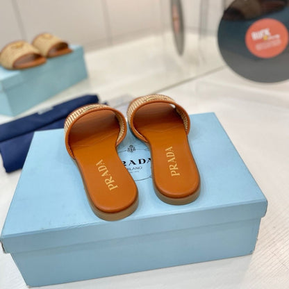 Prada Leather Slides With Crochet Details Cognac Brown