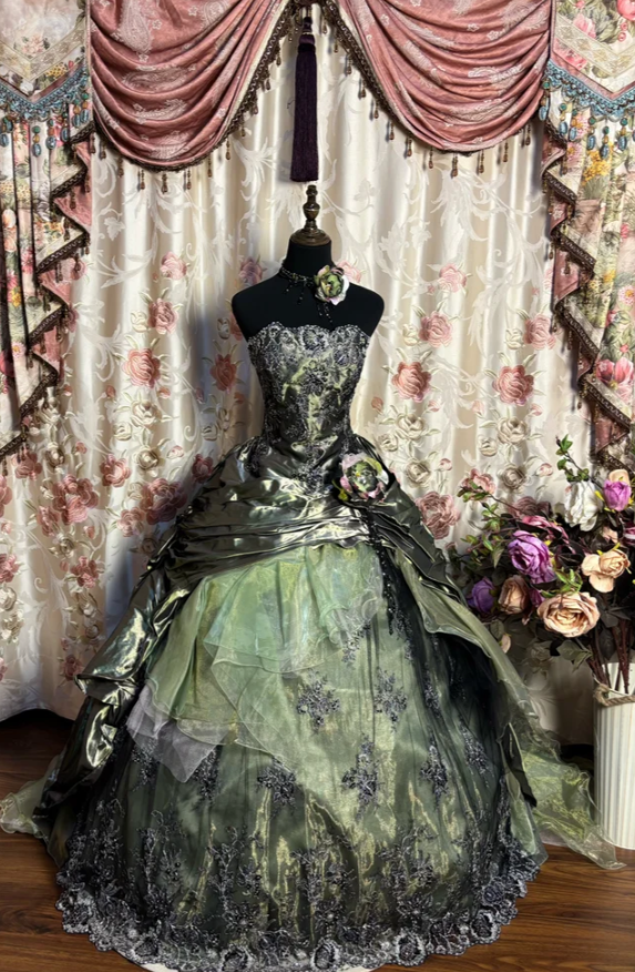 Retro Olive Green Strapless Satin tulle Appliques Beaded Ball Gown Formal Birthday Quinceanera Dress