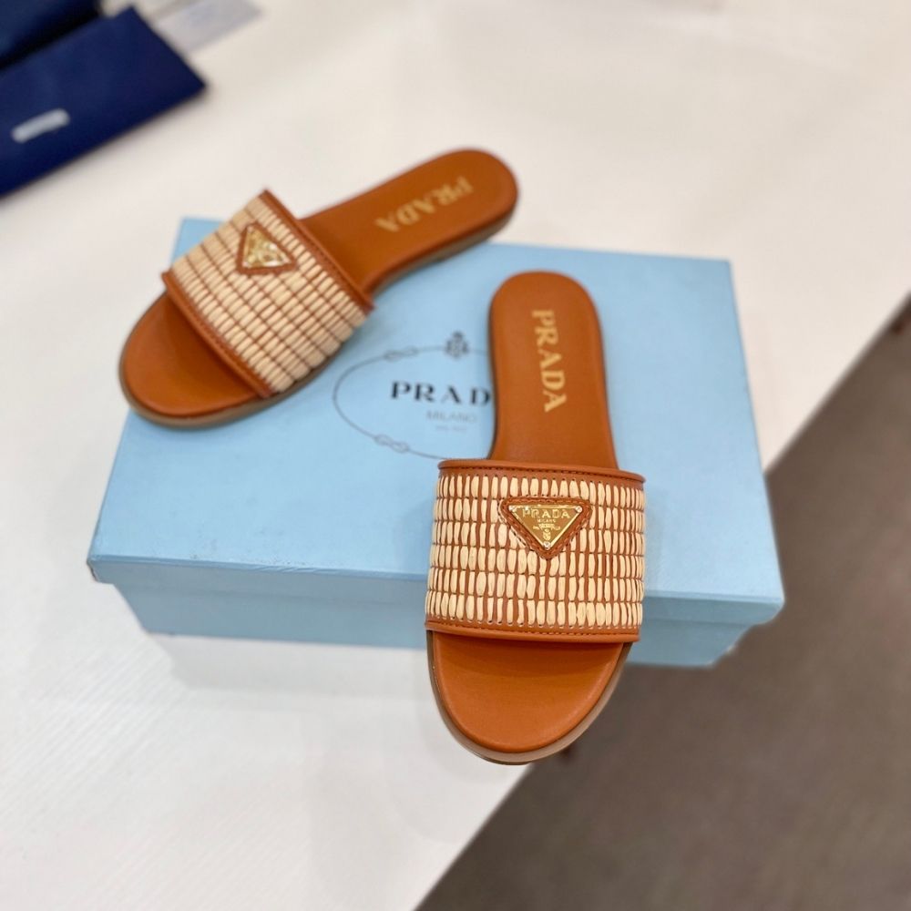 Prada Leather Slides With Crochet Details Cognac Brown