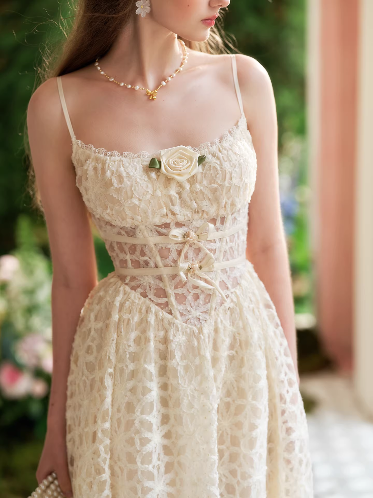 Champagne 3D Floral Lace Evening Gown Cutout Waist A-Line Midi Prom Dress TP5689