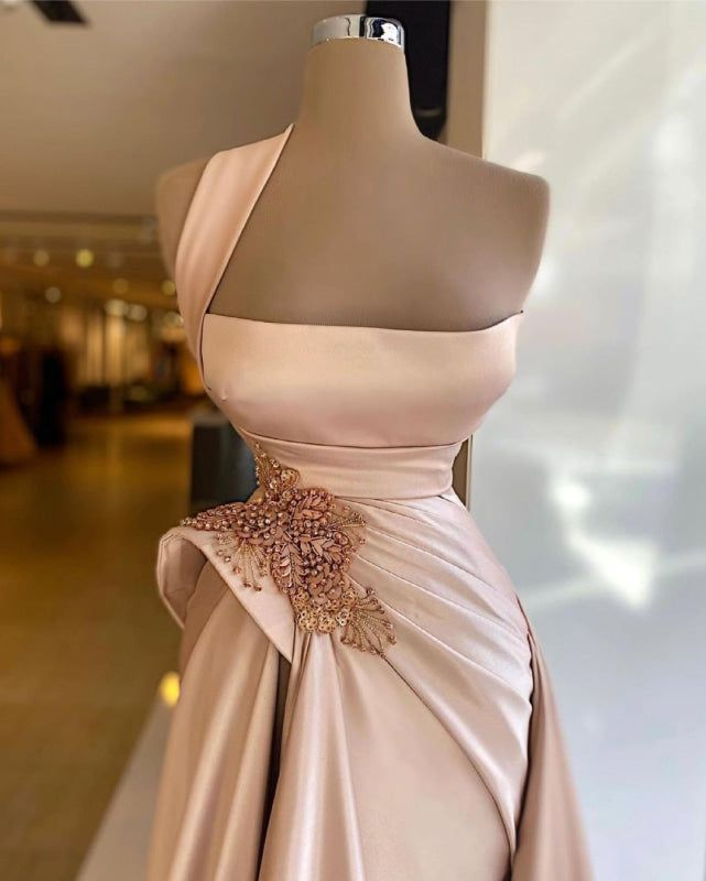 Vintage Champagne Satin One Shoulder Draped Mermaid Beaded Prom Dress TP5842