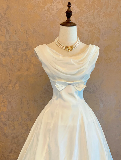 White Prom Dress with Sleeveless Design, Draped Collar, Fitted Waist, Slim Fit and A-Line Skirt; Bridal Gown R7316
