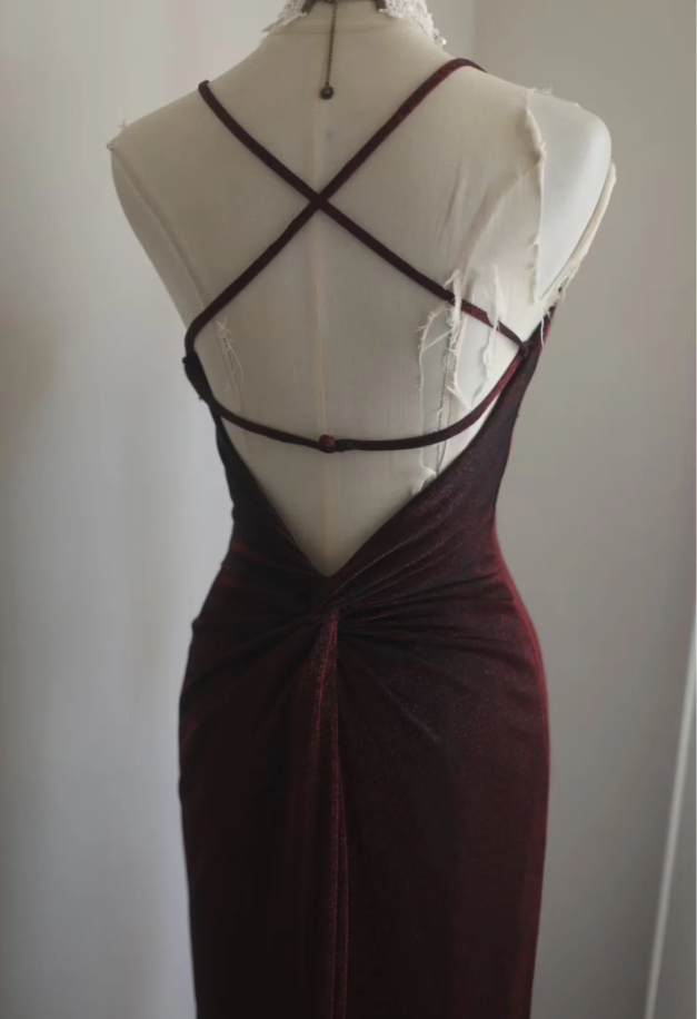 Charming Burgundy Spaghetti Straps Satin Mermaid Long Party Dress Backless Evening Gown