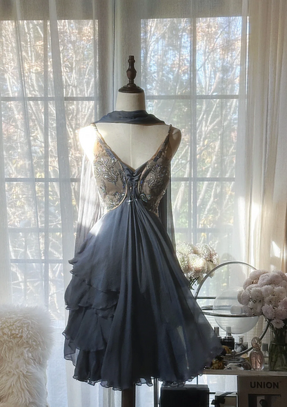 Gray-blue halter-neck, fitted waist, sexy midi-length prom dress R7719