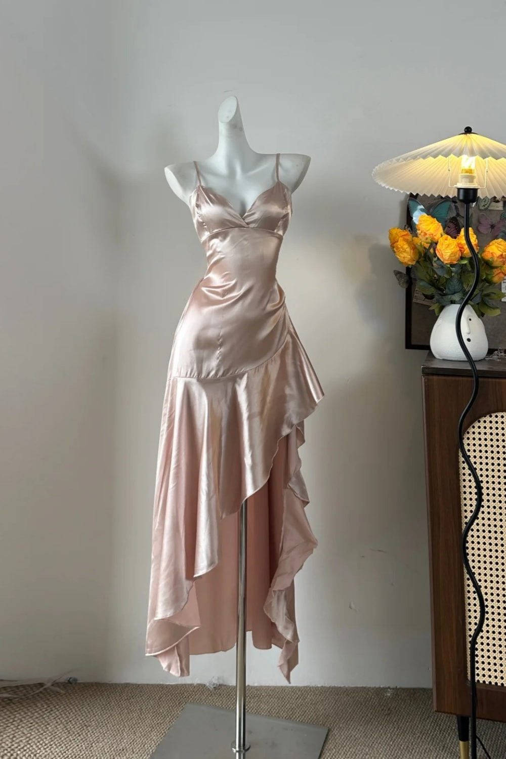 girlhomeshops-Gentle And Fairy - Like Light Pink Spaghetti - Strap Irregular Ruffled Long Dress gh5844