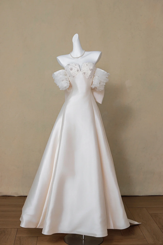 White one-shoulder slim waist A-line long bridal dress R5771