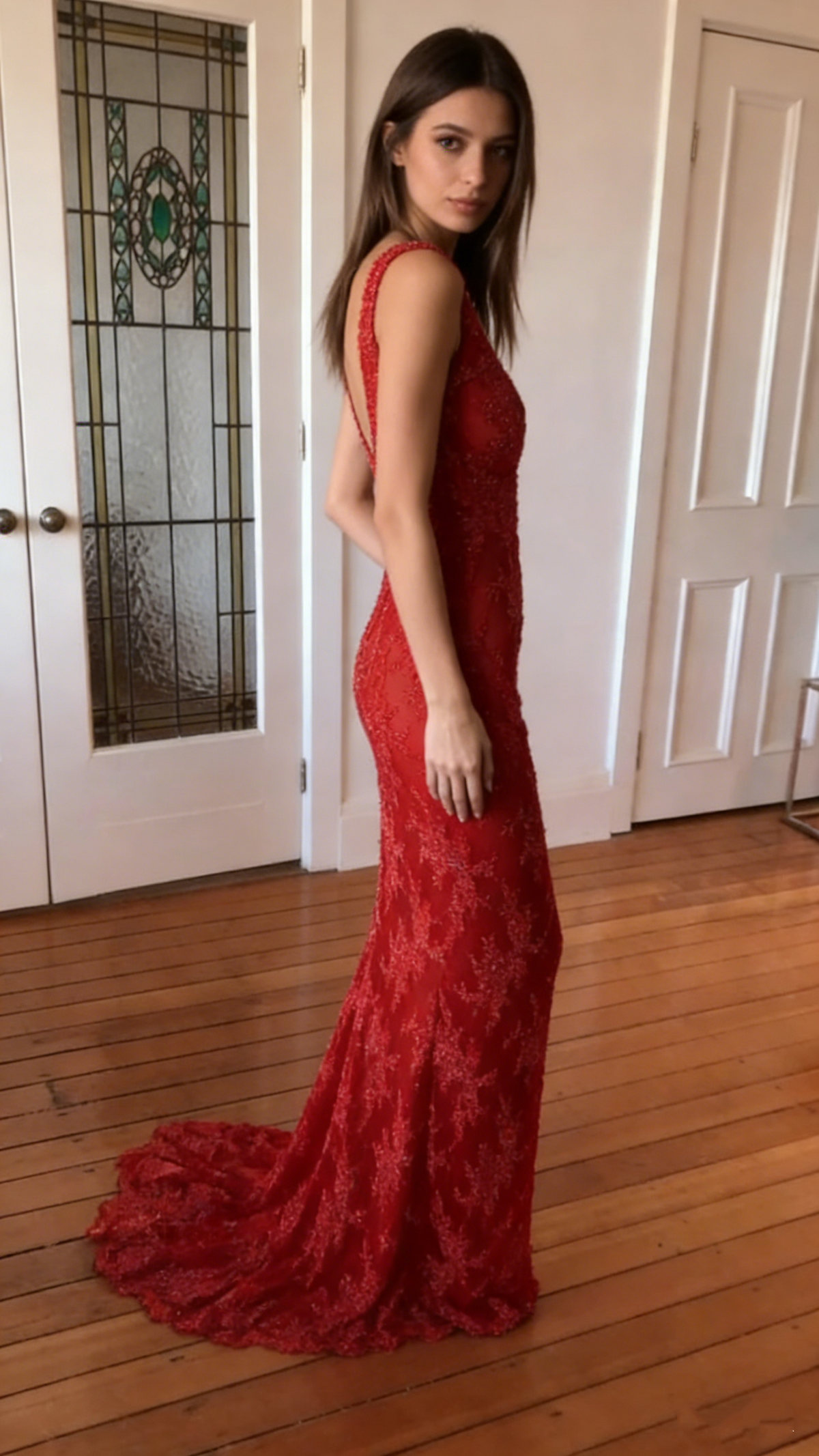 Charming Red V Neck Lace Mermaid Long Party Dress Formal Wedding Guest Dress SP1399