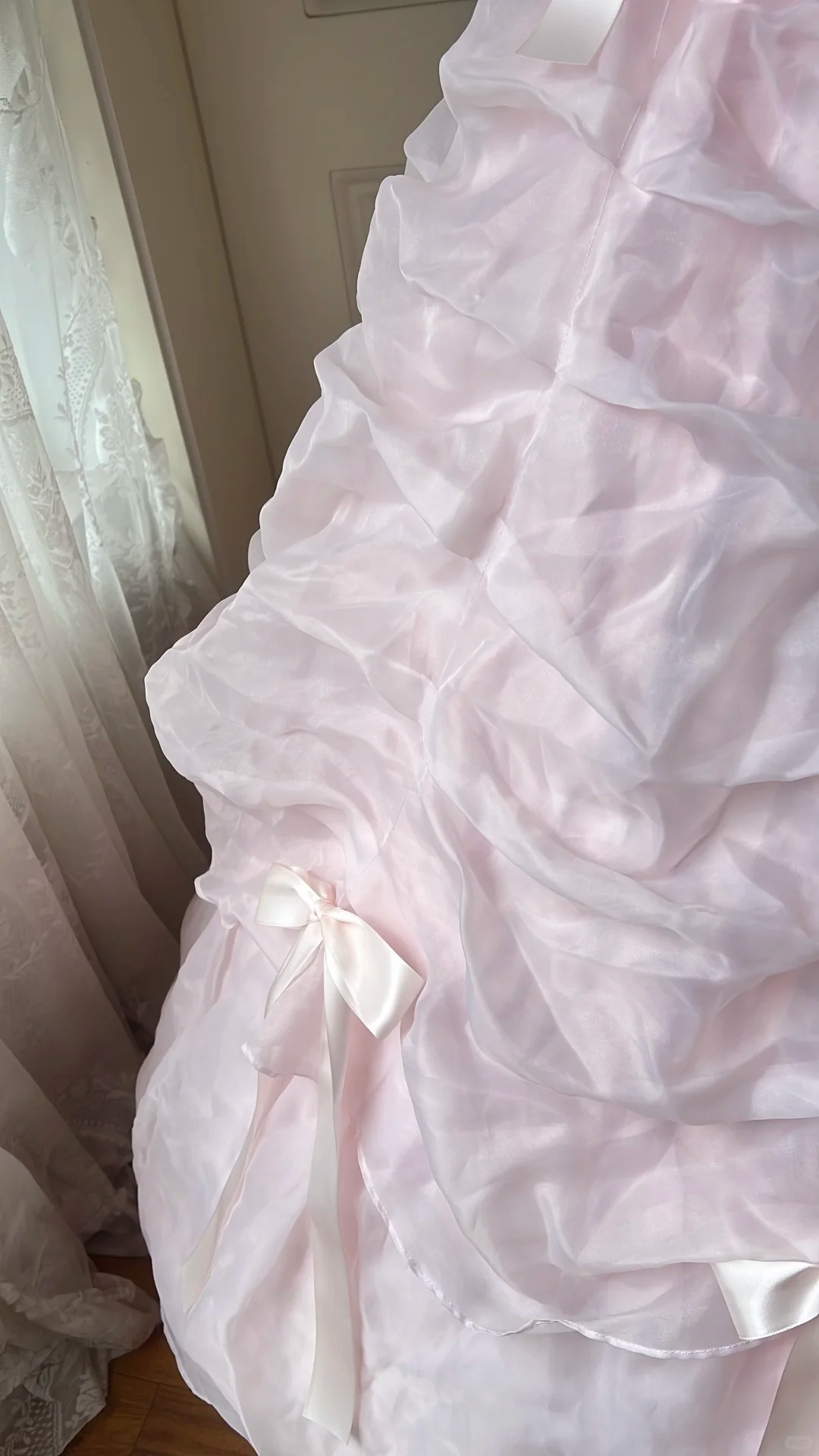 Glamorous Light Pink Bow Pearl Beaded Tiered Sweet 15 Quinceanera Ball Gown TP5828