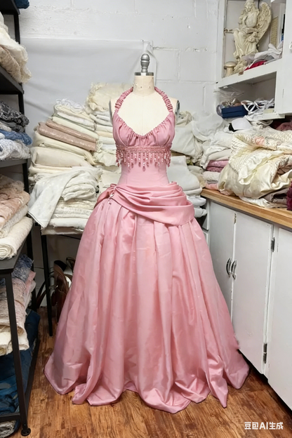 Glamorous Burgundy Halter Neck Beaded Fringe Satin Sweet 16 Quinceanera Ball Gown TP5698